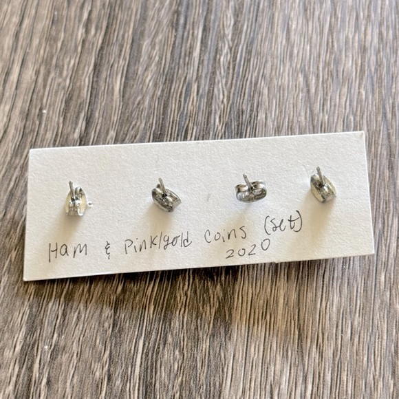 Handmade pig/ gold and pink coins earrings - Picture 2 of 2